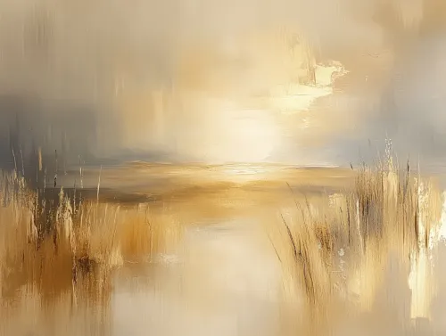 Imagen abstracta de un paisaje dorado con hierbas y el sol