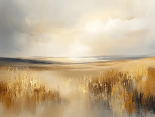 Cuadro con un paisaje de campos y cielo en tonos pastel