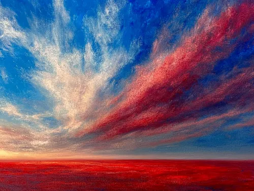 Atardecer con nubes en tonos rojo y azul sobre el mar o la llanura