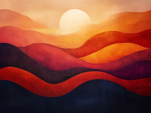 Imagen con formas abstractas onduladas y el sol en el fondo del atardecer