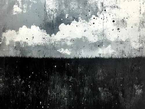 Imagen en blanco y negro con nubes y hierba de fondo