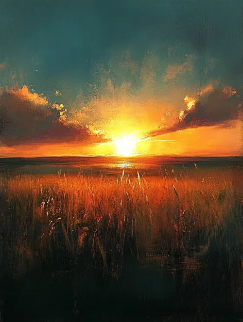 Brillante atardecer en el fondo de un campo iluminado por la cálida luz del sol