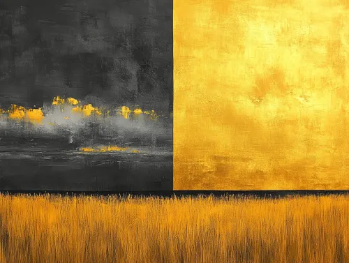 Una impactante pintura abstracta que presenta secciones negras y doradas con elementos texturizados similares a trigo.