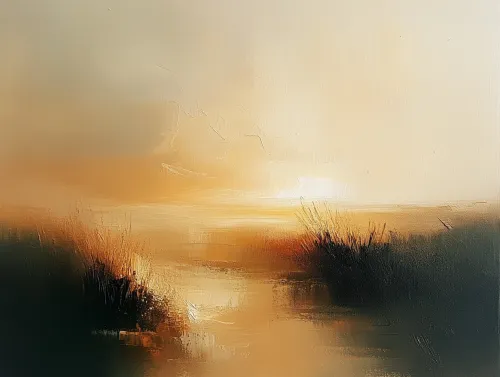 Atardecer con agua tranquila y reflejos de plantas en el fondo