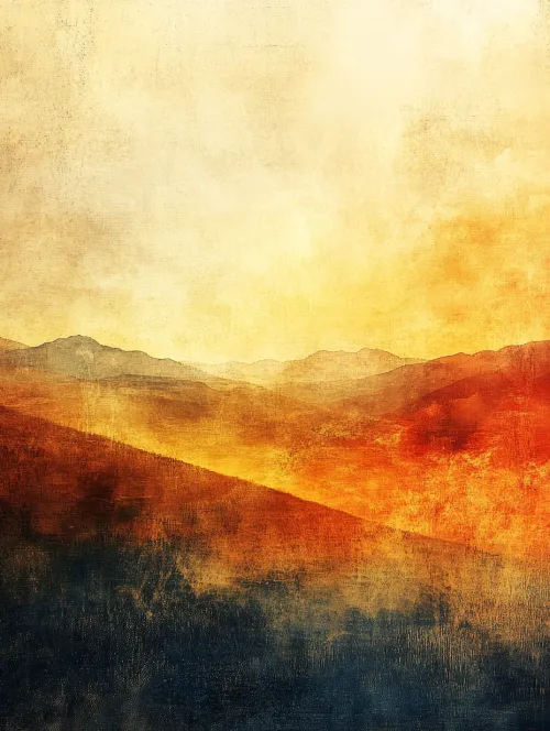 An artistic representation of a mountainous landscape under a warm sunset
