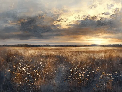 Atardecer soleado sobre un campo con plantas en flor y nubes