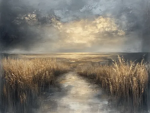 Hermosa escena con un largo camino y espigas doradas contra el fondo del cielo