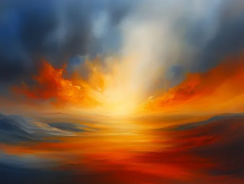 Hermosa pintura del atardecer con nubes naranjas y azules