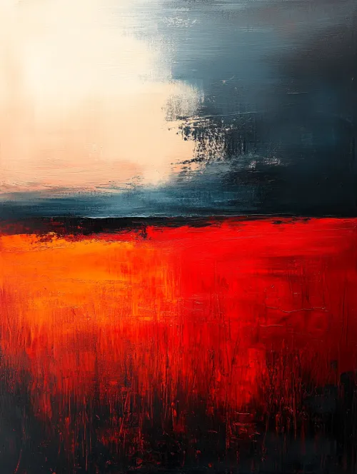 Lienzo pictórico con contraste entre rojo brillante y cielo oscuro