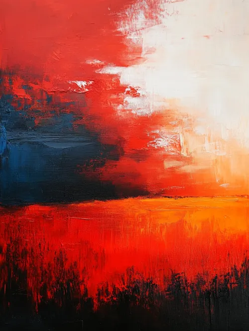Cuadro abstracto con predominancia de colores rojos y negros que representa un paisaje