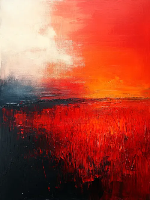 Cuadro abstracto que representa un atardecer con colores rojos y negros