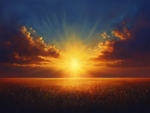 Brillante amanecer con nubes y campos verdes abajo