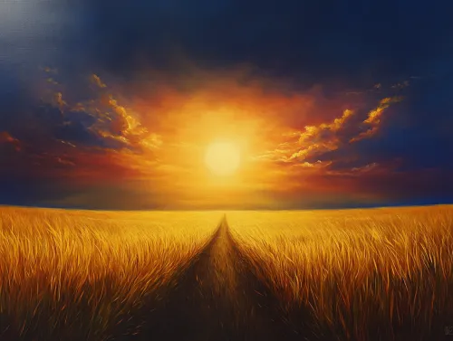 Paisaje de un campo de trigo bajo un brillante atardecer y nubes