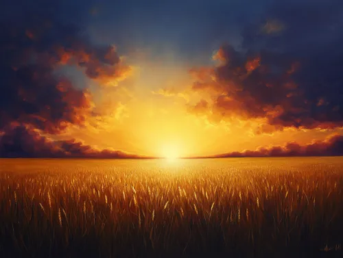 Vista del atardecer con nubes brillantes sobre el campo de trigo