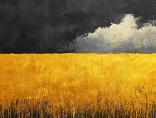 Cuadro que representa un cielo oscuro sobre un campo dorado con textura