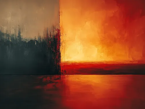 Pintura dividida en dos partes: oscura y amarillo-naranja brillante