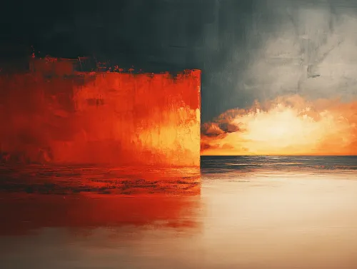 Vibrant abstract artwork depicting a sunset over a calm ocean