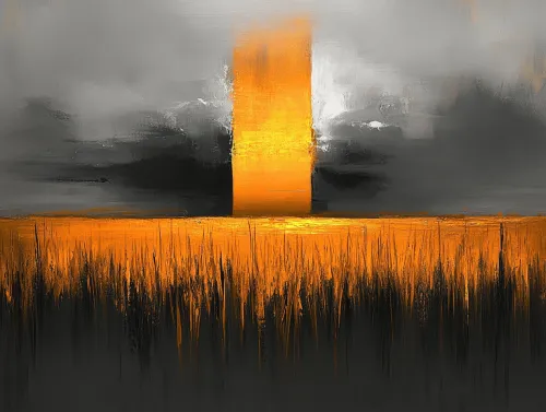 Pintura abstracta con una luz brillante y tonos oscuros.