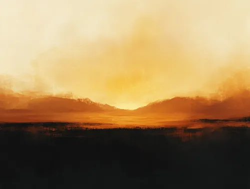 Atardecer con tonos naranjas y amarillos sobre montañas y campos