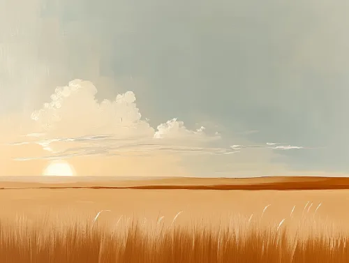 Tranquilo atardecer sobre un vasto campo con nubes en el cielo