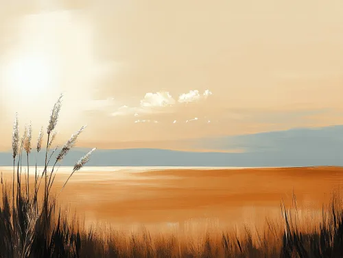 Paisaje pacífico con atardecer y hierbas altas en primer plano