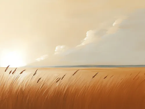 Paisaje idílico con un atardecer y hierbas enmarcando el horizonte