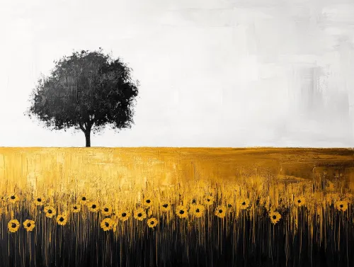 Árbol negro sobre un brillante campo amarillo con girasoles