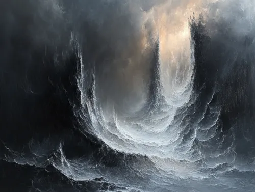 Escena abstracta con potentes olas y luz contra un fondo de cielo oscuro
