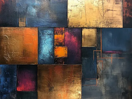 Obra de arte abstracto texturizado con cuadrados dorados y coloridos