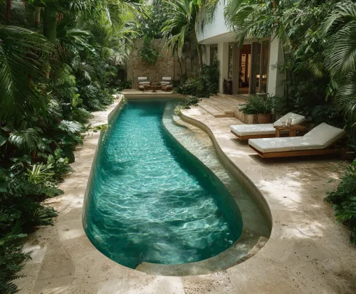 Cozy swimming pool surrounded by lush tropical plants