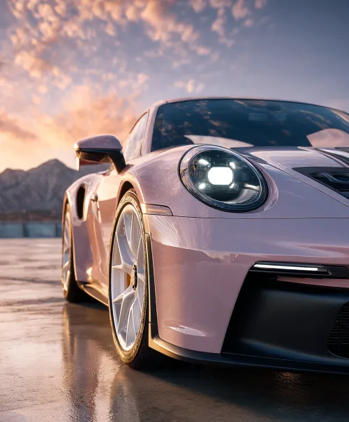 Coche deportivo con diseño distintivo bajo un brillante atardecer y montañas