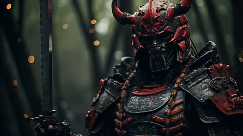 Knight in Mighty Armor with Red Elements and a Sword