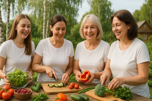 Cuatro mujeres preparando verduras picadas sobre una mesa en la naturaleza