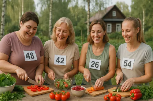 Four women preparing vegetables on a table during a masterclass