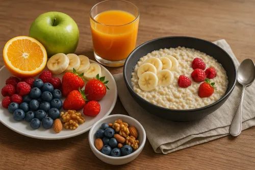 Image of a healthy breakfast: oatmeal, fruits, and juice