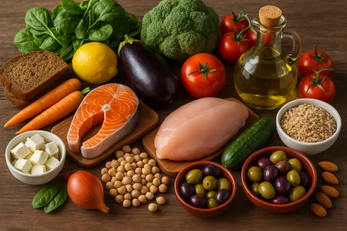 Variety of fresh vegetables, fruits, and fish on a wooden table