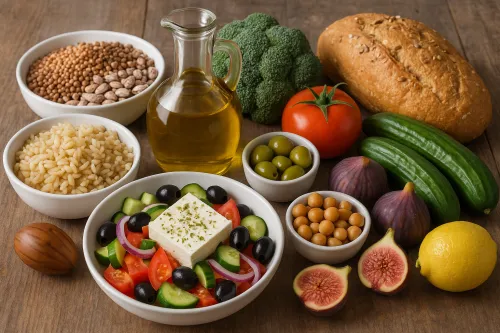 Assortment of fresh vegetables, fruits, and oils for healthy cooking