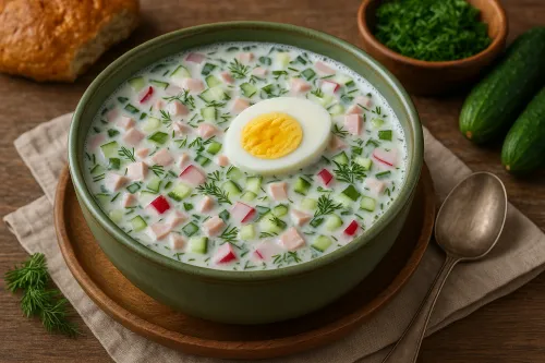 Soup with onions, cucumbers, radishes, and egg in gravy