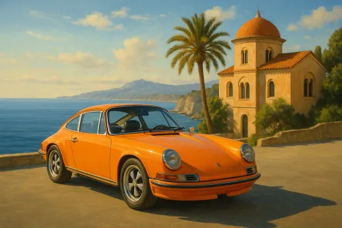 Классический оранжевый Porsche на фоне пляжа и пальм