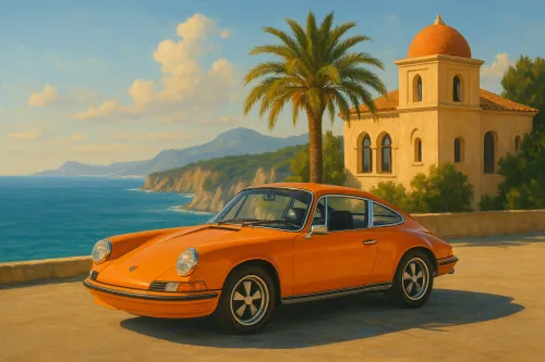 Orange sports car against a scenic seaside landscape
