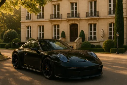 Sports car Porsche against the backdrop of classic architectural style