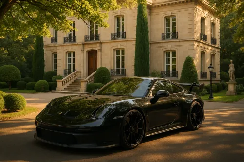 Porsche sports car against the backdrop of an exquisite country house with greenery