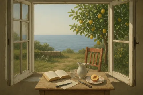 Table with a book and fruits by an open window with a sea landscape