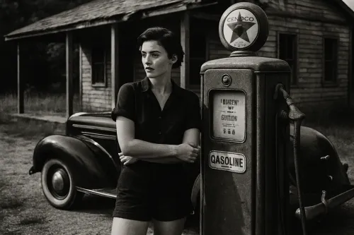Antique gas pump and woman against the backdrop of an abandoned house