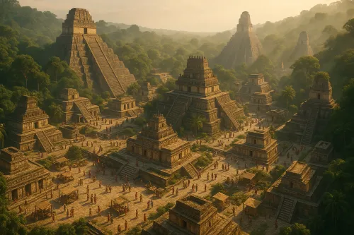 Panorámica de una antigua ciudad maya rodeada de selvas densas