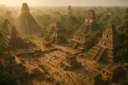 View of ancient Mayan pyramids and a plaza with human figures