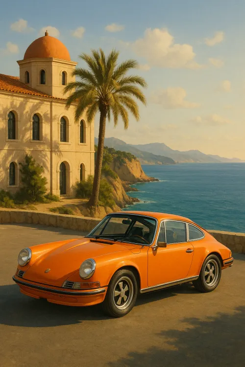 Classic orange sports car against a picturesque sea landscape