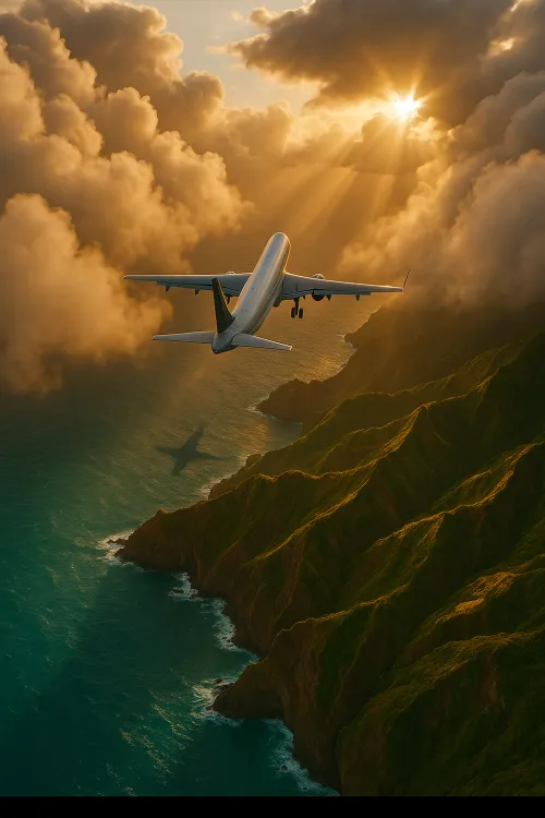 Flight of an airplane over a picturesque coastline in the rays of the setting sun