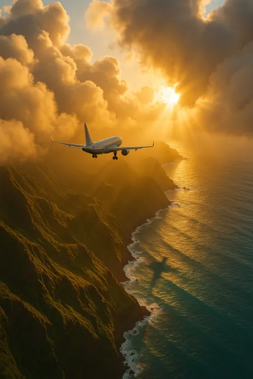 Commercial airplane flying against a picturesque sunset and clouds over the sea