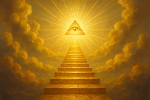Imagen de una escalera que conduce a un triángulo resplandeciente con un ojo